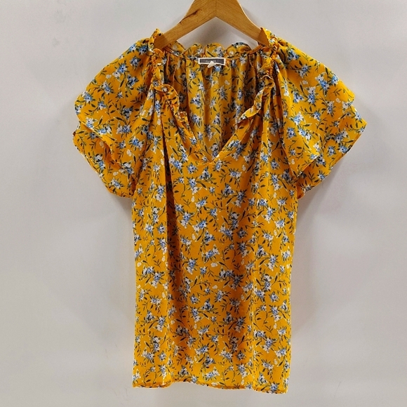 Pleione Nordstrom Pullover Blouse  Yellow Blue Floral Suze Medium Flutter Sleeve - Picture 1 of 7